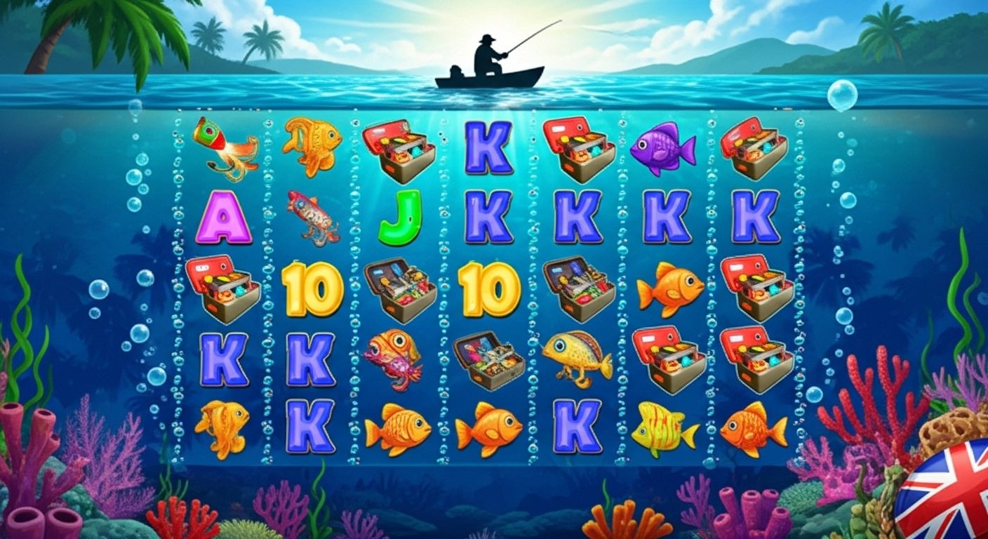Fishing slot interface with UK elements and aquatic background