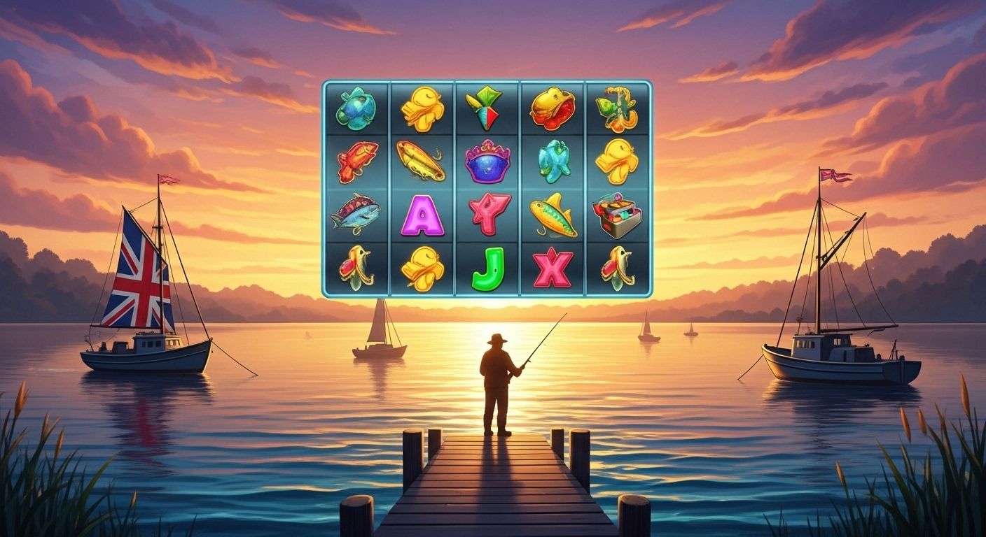 UK fisherman with fishing slot reels and symbols